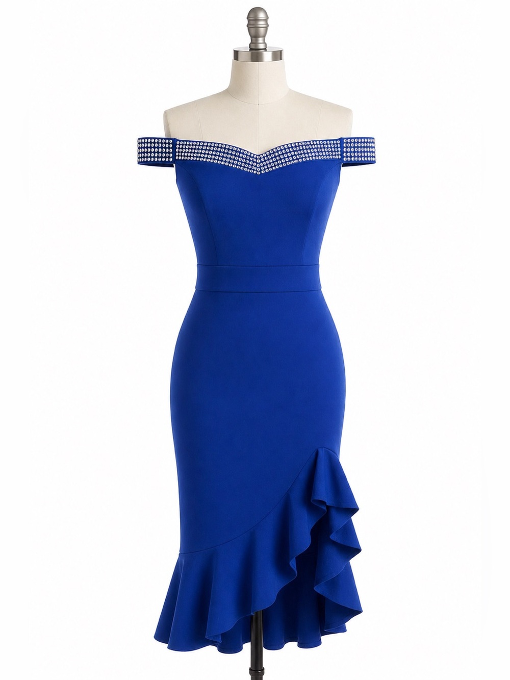 ane’s Off Shoulder Dress S-M Royal Blue Ruffle Hem Elegant Party
